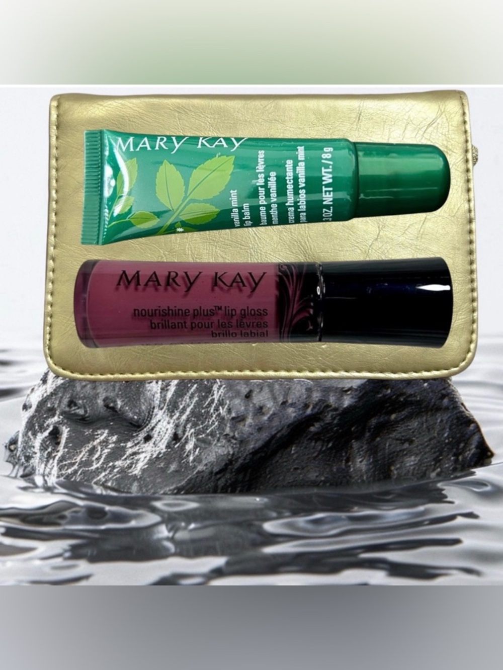 MARY KAY Nourishine Plus Lipgloss Café Au Lait, Mint Lip Balm & Gold Case ✨NIB✨